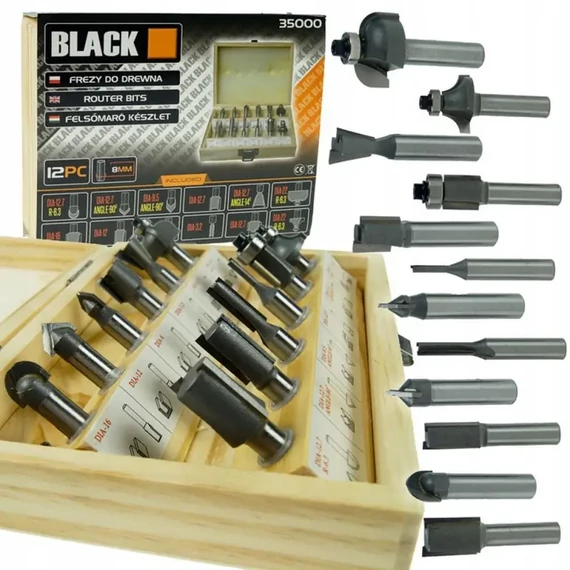 BLACK – 12db-os felsőmaró készlet, 8mm, fa dobozban – 35000
