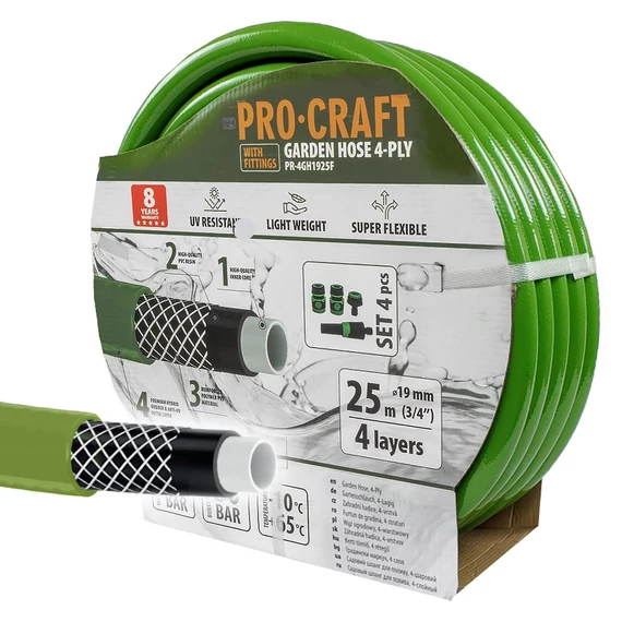 Csavarosdásmentes 4 rétegű, kerti locsolótömlő, slag, 25m 3/4" gyorscsatlakozóval és locsolófejjel, Procraft PR-4GH1925F