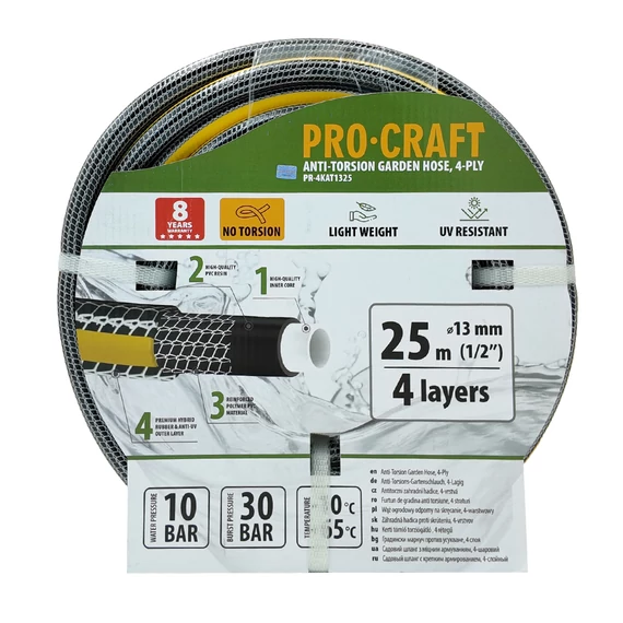 Csavarosdásmentes 4 rétegű kerti tömlő, locsolótömlő, slag, 25m 1/2",  Procraft PR-4KAT1325
