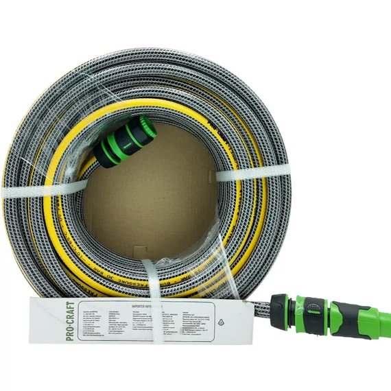 Csavarosdásmentes 4 rétegű kerti tömlő, locsolótömlő, slag, 25m 1/2" csatlakozóval és locsolófejjel, Procraft PR-4KAT1325F