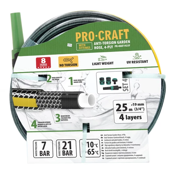 Csavarosdásmentes 4 rétegű, kerti locsolótömlő, slag, 25m 3/4" gyorscsatlakozóval és locsolófejjel, Procraft PR-4KAT1925F