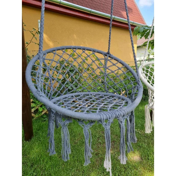 Elegáns, kényelmes függőszék, otthoni horgolt függőfotel, hinta, sötét szürke színben HFF-S-SZ1