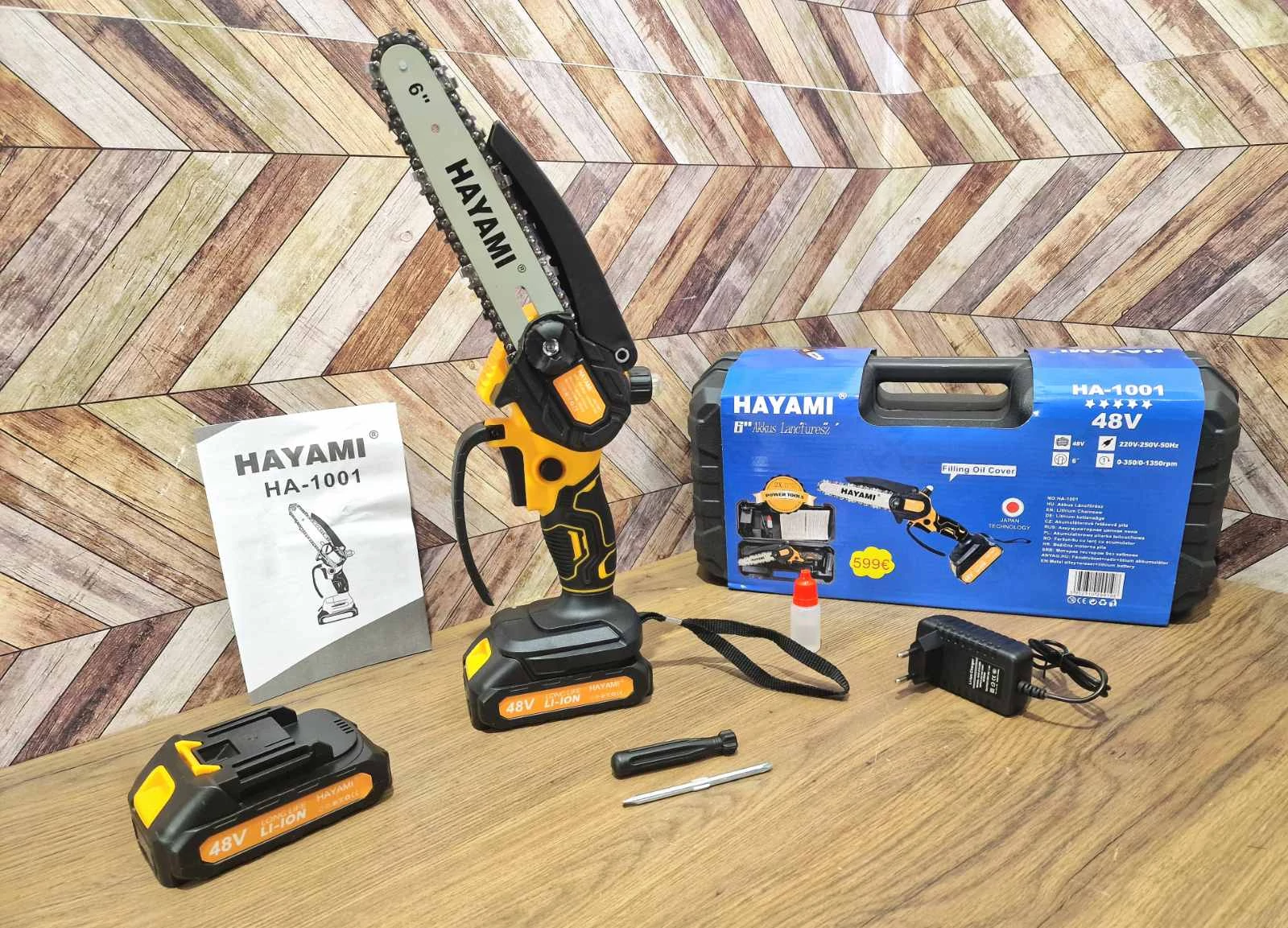 Hayami akkus olajzós láncfűrész, egykezes 150 mm-es akkumulátoros ágvágó fűrész, 2 akkus, HA-1001