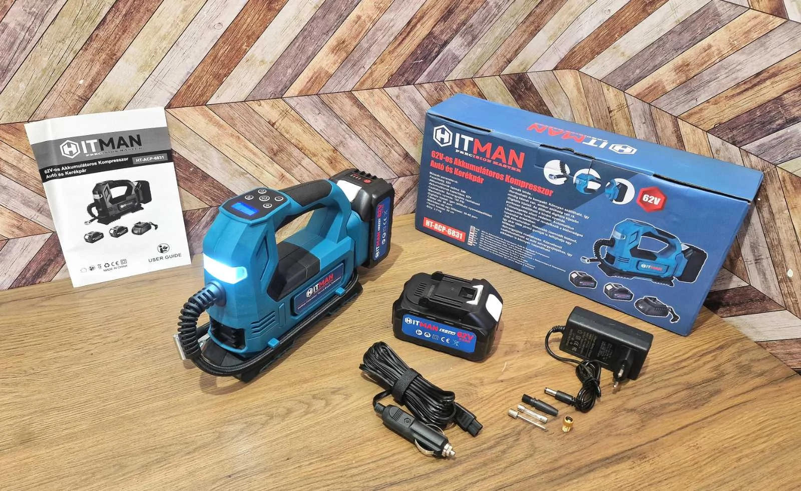 Hitman akkus kerékfújó, akkumulátoros kompresszor, Makita akku kompatibilis, HT-ACP-6831