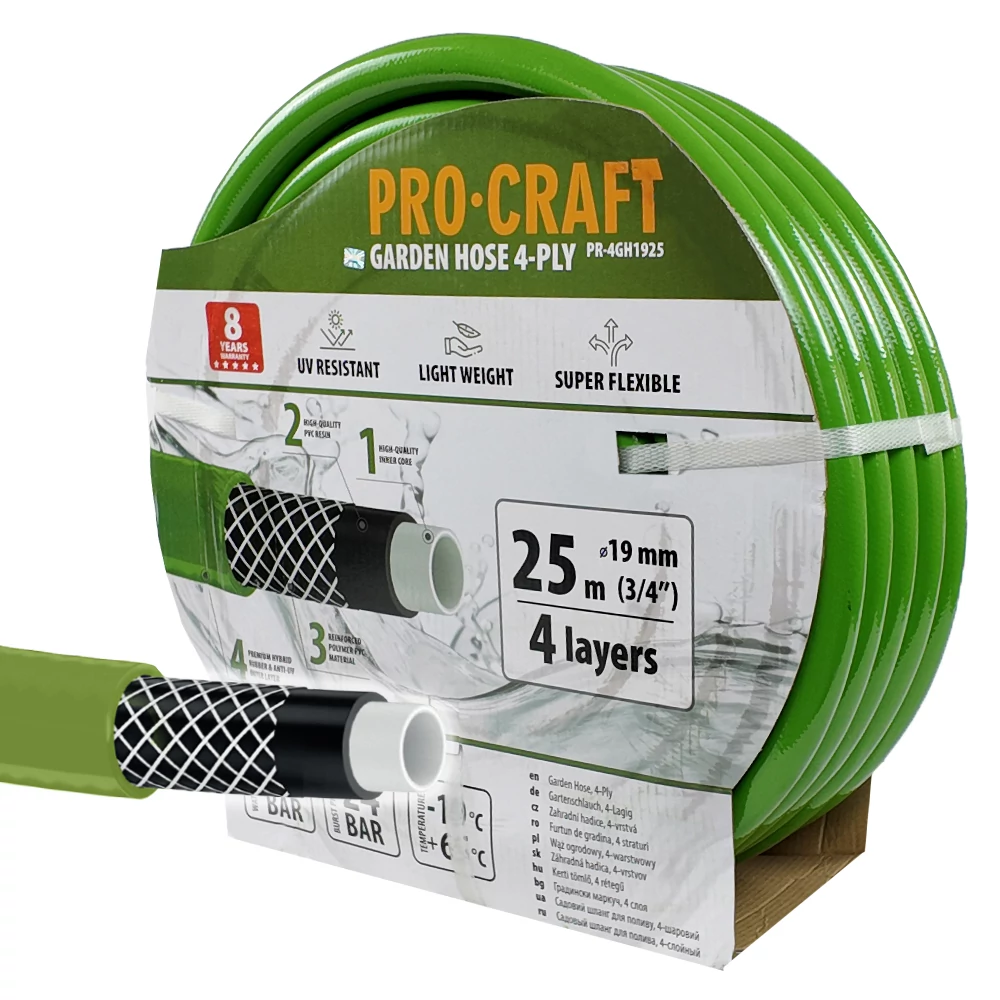 Csavarosdásmentes 4 rétegű, kerti locsolótömlő, slag, Procraft PR-4GH1925, 3/4