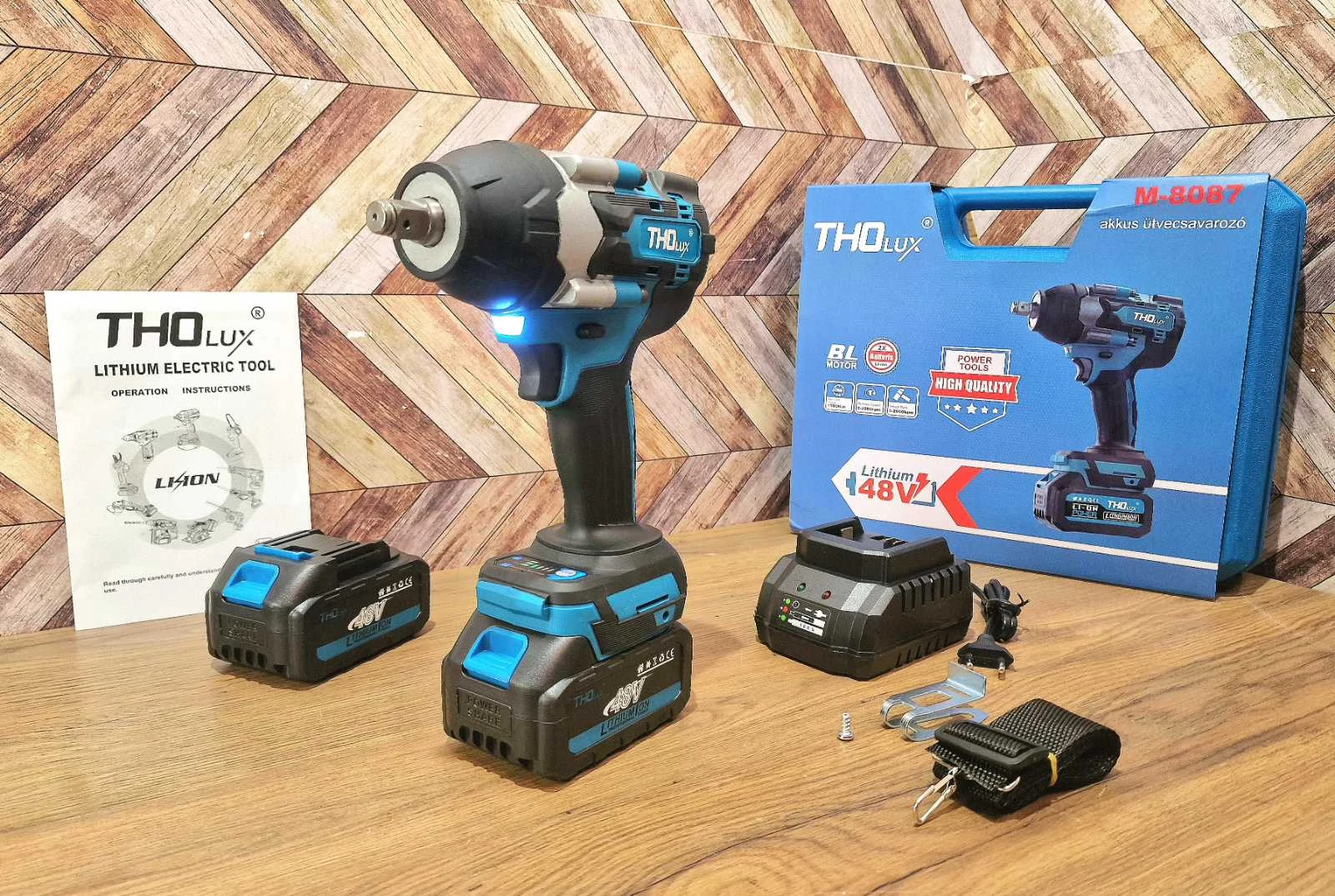 THO robosztus akkumulátoros ütvecsavarozó, erős akkus kerékkulcs, gyorstöltő, 2 db nagy akku, M-8087